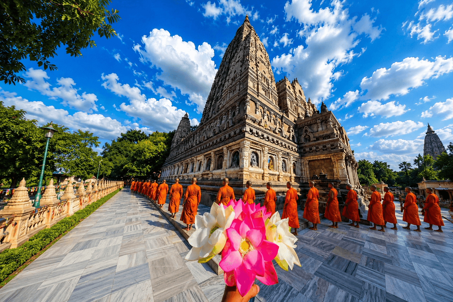 Mahabodhi Temple at sunrise with monks in saffron robes